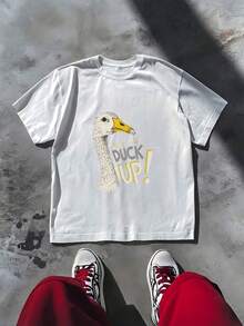 Mexico 2026 T-Shirt With A Humorous Goose Print And The Funny Phrase "SHUT THE DUCK UP", A Casual Urban And Modern Style, Ideal For Summer, National Holidays, Family Gatherings, And Travel. - 白色 - 查看 2