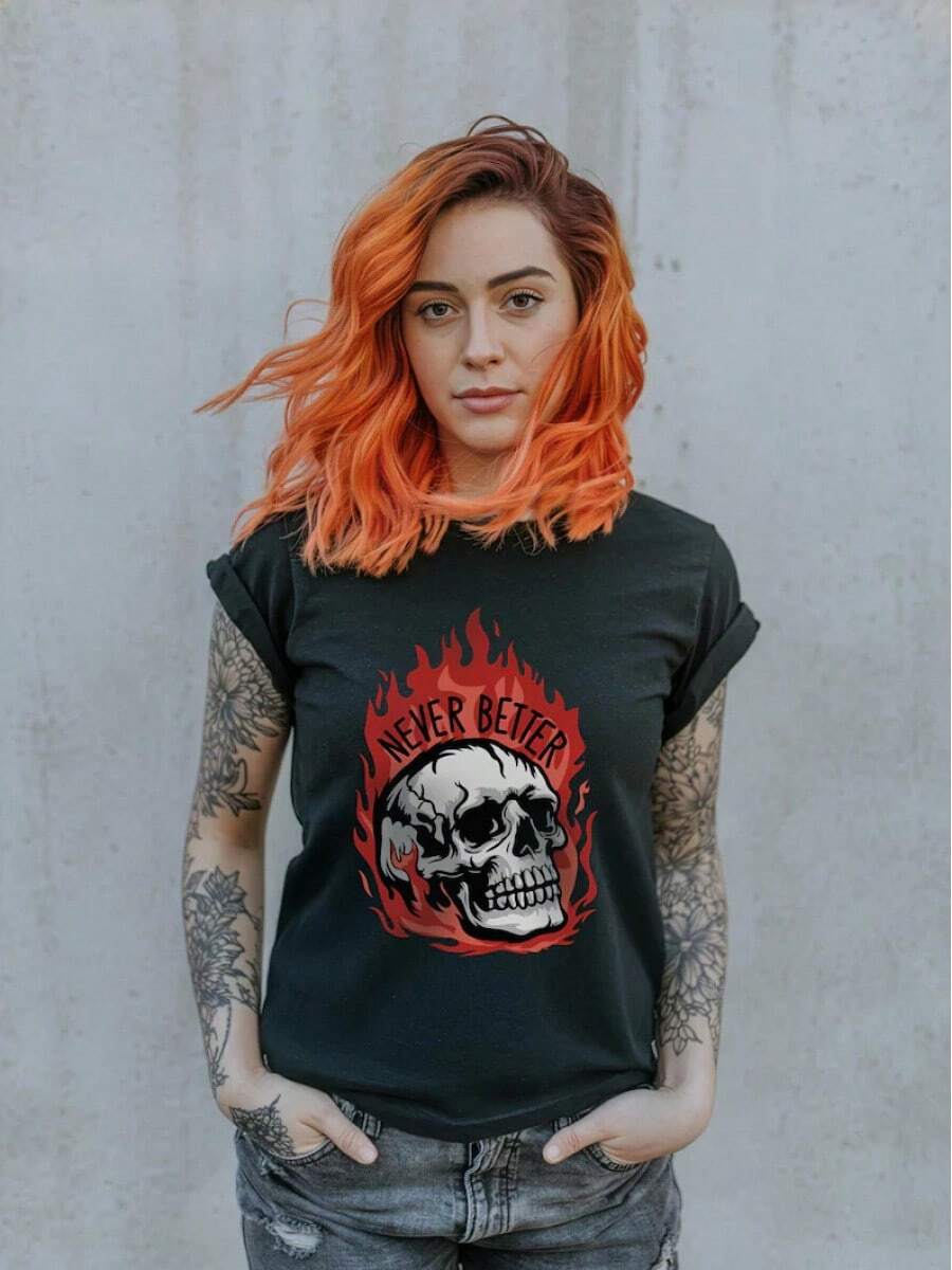 2026 It's Never Been Better Skull On Fire T-Shirt, Unisex Vintage T-Shirt, Oversized Skull T-Shirt - 黑色 - 查看 1