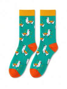 1 Pair Men's Alpaca Mid-Calf Socks, Cute Cartoon Llama Pattern, Autumn Winter Warm Daily Casual Socks, Ideal Gift For Llama & Animal Lovers - Multicolor - View 2