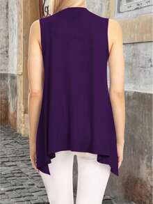 Plus Size Long Cardigan, Shawl Style, Modern, Elegant, Solid Color, Lightweight, Sleeveless, Open Front. - Purple - View 3
