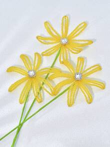 1PC Bright Yellow Beaded Artificial Flower With Rhinestones, Fashionable Faux Flower Branch, Holiday Bouquet Gift, Creative Handheld Bouquet, Suitable For Wedding Event Decor, Home Decoration, Vase Filler - Yellow - View 5