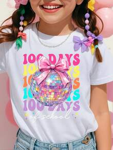 Camiseta de Niños y Niñas con Estampado de Lazo y Bola de Discoteca 100 Días de Escuela, Diseño Colorido y Brillante para Celebrar el Evento - Blanco - Ver 2