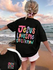 Girls' Round Neck T-Shirt With "Jesus Loves Me" Print, Summer Top - 黑色 - 查看 1