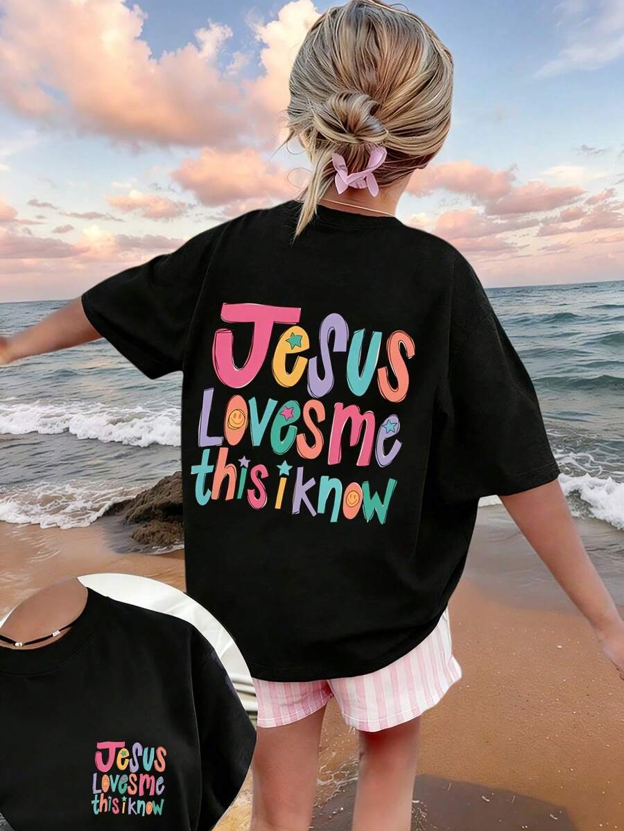 Girls' Round Neck T-Shirt With "Jesus Loves Me" Print, Summer Top - 黑色 - 查看 1
