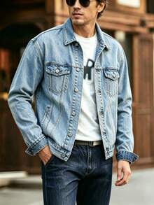 Veste en jean bleu clair pour hommes, lavée vintage, veste en jean à manches longues avec une finition de lavage usé, parfaite pour tous les jours - bleu denim clair - Voir 2