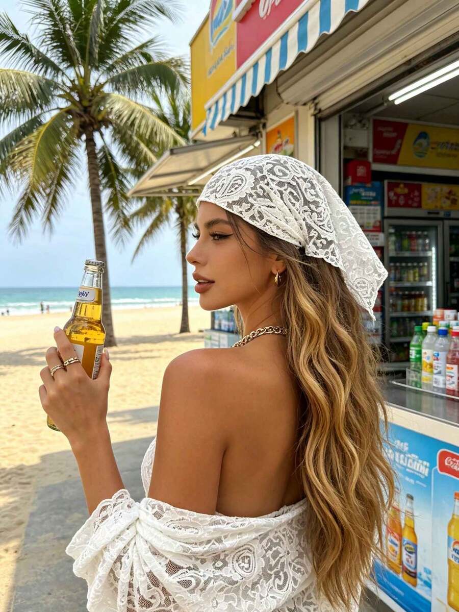 1pc Black & White Lace Hollow Triangle Bandana Headband, Beach Vacation Travel Outfit Accessory, Fashion Waist Wrap Hip Scarf, Premium Solid Color Headband - Multicolor - View 1
