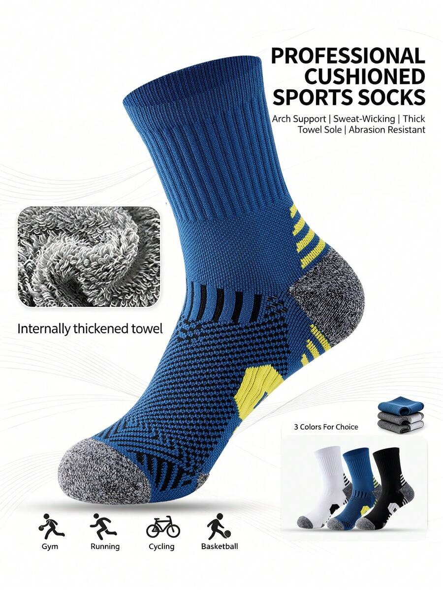 1 Pair Men's Mid-Calf Compression Sports Socks, Breathable Thickened Terry Cushion Sole, Shock-Absorbing Athletic Socks, Suitable For Running, Outdoor, Aerobic Fitness, Size 39-44 - Multicolor - View 1