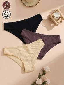 3 piezas de bragas básicas de unicolor a rayas para mujer, ropa interior de algodón cómoda y transpirable - Multicolor - Ver 3