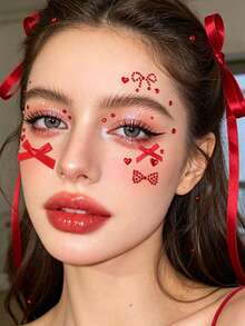Red Bow Heart 3D Glitter Face Gems Y2K Self-Adhesive Rhinestones, DIY Concert Disco Party Shiny Face Decoration - Red - View 4