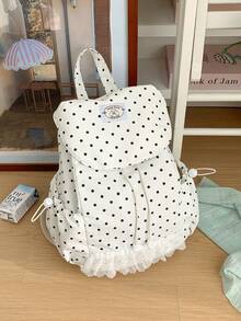 Nueva mochila con cordón, encaje de lunares y ribete de volantes para mujer, mochila escolar, mochila pequeña de viaje - Blanco - Ver 1