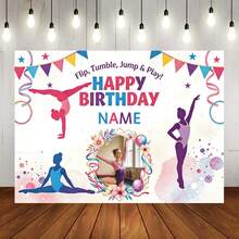Customizable Name Photo Age Gymnastics Girl & Ballerina Theme Happy Birthday Watercolor Gymnastics Pose Silhouette, Triangle Bunting, Balloons, Floral Cake Elements, Encouraging Slogan Matching Gymnastics Dream Theme, Suitable For Gymnastics & Ballet Girl Birthday Party, Training Team Celebration, Sports Theme Photo Backdrop Vinyl Banner - Multicolor - View 24