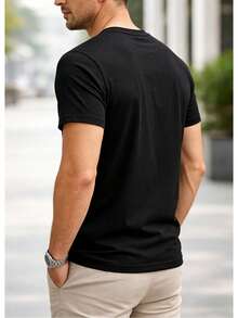 Modern, Simple, Current Style, With "NEW YORK" Letter Pattern, Men's Short Sleeve Crew Neck T-Shirt, Casual, Sporty And Slim Fit. - 黑色 - 查看 2