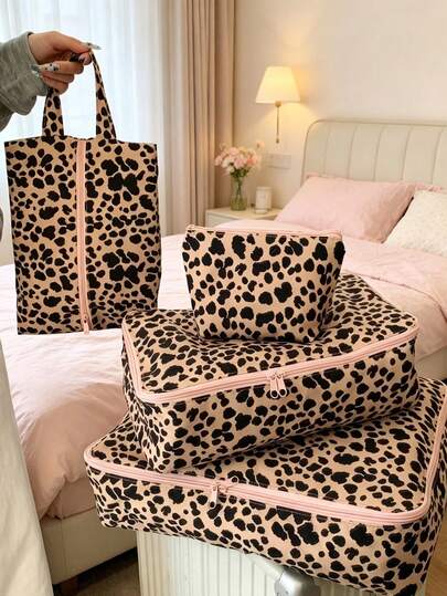 Leopard Print Travel Luggage Organizer Bags Pink Zipper Clothes Storage Packing Cubes Portable Cosmetic Toiletry Makeup Bag With Handheld Tote Bag