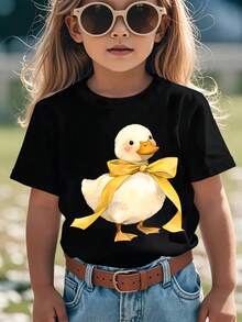 Camiseta de manga corta para niñas, estilo veraniego, con estampado de dibujos animados "Patito con lazo", top casual versátil NY-DX9851 - Negro - Ver 1