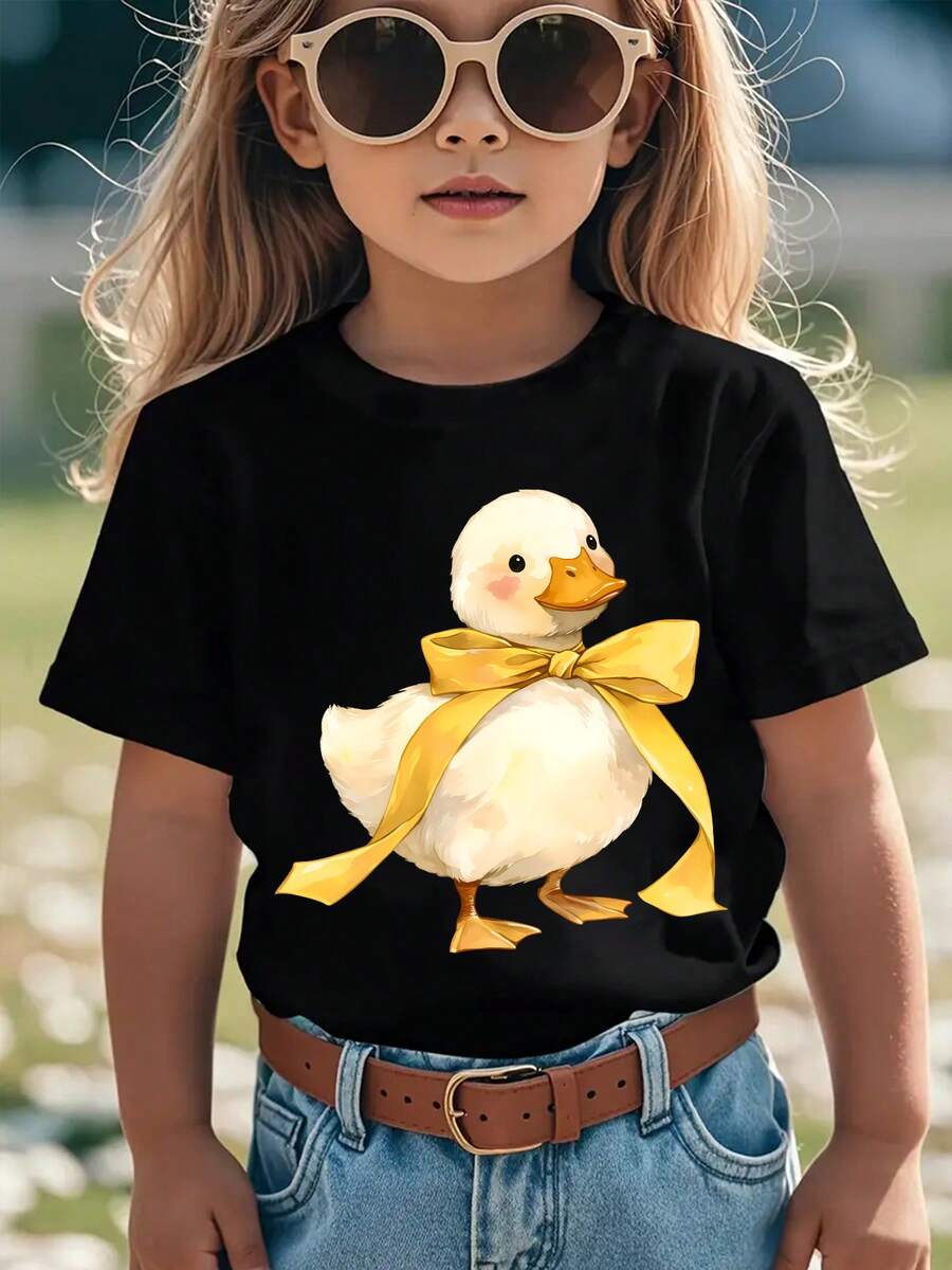 Camiseta de manga corta para niñas, estilo veraniego, con estampado de dibujos animados "Patito con lazo", top casual versátil NY-DX9851 - Negro - Ver 1