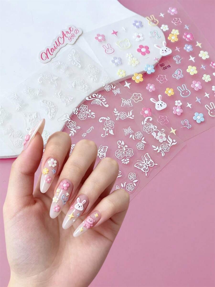 2 Stücke 3D/5D geprägte Relief Nagelaufkleber, Nägel, DIY Dekoration, mit bunten Blumen, Sternen, Kaninchen, weißen Schmetterlingen, Rosenmustern, geeignet für die Erstellung von Frühlings- und Sommer-Macaron süß und niedlich Stil, französischer sanfter Retro-Stil Nagelkunst - Verschiedenfarbig - Übersicht 1