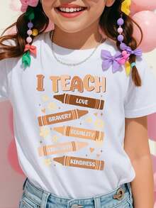 Boys' T-Shirt With Crayon Print And Phrases "I Teach Love Bravery Equality Strength Kindness" For Girls And Boys, Unisex, Short Sleeve - 白色 - 查看 2