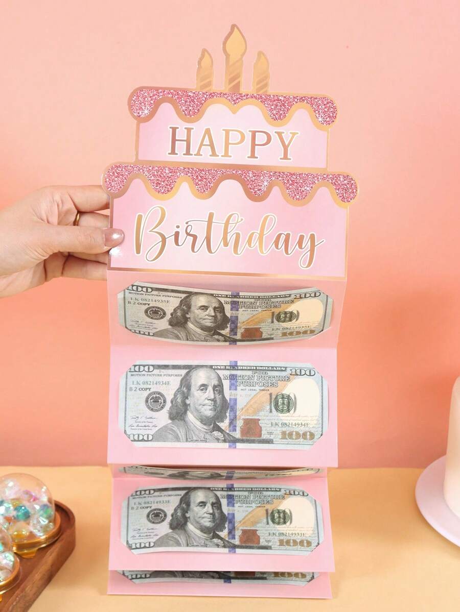 1 Set Pink Gold Happy Birthday Folding Cash Card, Pink Birthday Cake Pattern, Folding Money Card And Envelope, Perfect Choice For Birthday Party Supplies