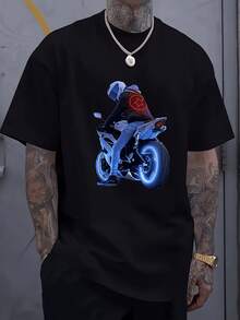 Playera Hombre Negra Motociclista Brillo Azul Intenso clothesGSM - Suave Transpirable Corte Relajado Calle Costuras Doble Aguja Festivales Verano - Negro - Ver 1