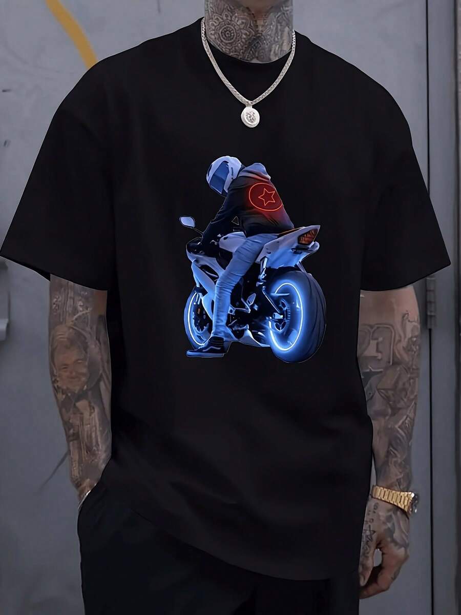 Playera Hombre Negra Motociclista Brillo Azul Intenso clothesGSM - Suave Transpirable Corte Relajado Calle Costuras Doble Aguja Festivales Verano - Negro - Ver 1