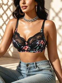 Temptuelle 1件装女士休闲蕾丝拼接性感舒适简约运动文胸 - 黑色 - 查看 2