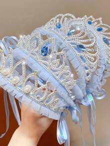1/2/3/4PCS Blue Pearl Crown Headband, Ice Snow Fairy Tale Girls Hair Accessory, Sweet Princess Headpiece With Tassel Ribbon And Mesh - Blue - View 12