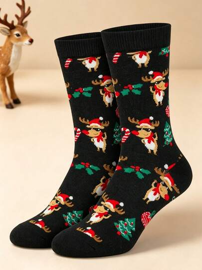 1 Set Men's Christmas Themed Mid-Calf Socks, Unisex, Cartoon Reindeer And Santa Claus Pattern, Recommended Hand Wash Or Dry Clean