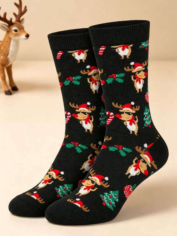 1 Set Men's Christmas Themed Mid-Calf Socks, Unisex, Cartoon Reindeer And Santa Claus Pattern, Recommended Hand Wash Or Dry Clean