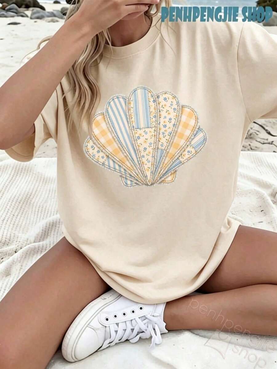 Women's Oversized T-Shirt With Seashell Design, Coastal Style, Casual Summer Tops, Clothing For 4th Of July, Graduation, Teacher's Clothing, Women's Summer Vacation - 杏色 - 查看 1