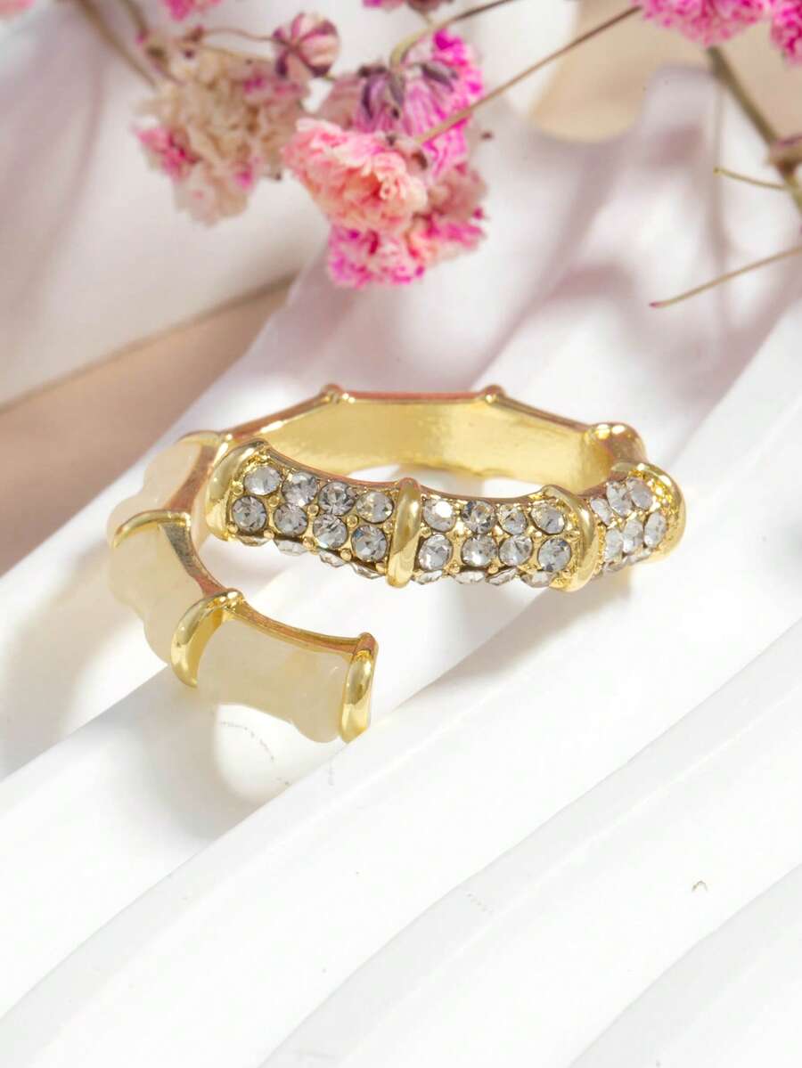 1pc Exquisite Opal & Cubic Zirconia Decorated Cufflink Ring, Gift For Girlfriend - Yellow Gold - View 1
