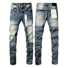 Men Jeans Purple Stretch Slim Fit Skinny Pants Splatter Graffiti Ripped Patch Casual Denim New Hot  Streetwear Fashion - 藍色 - 查看 1