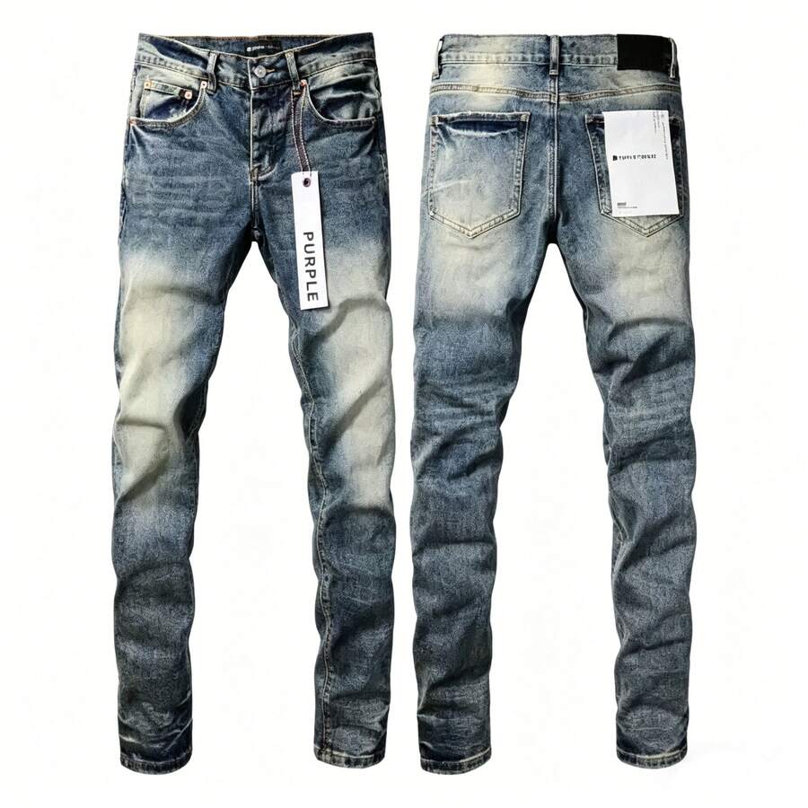 Men Jeans Purple Stretch Slim Fit Skinny Pants Splatter Graffiti Ripped Patch Casual Denim New Hot Streetwear Fashion - 藍色 - 查看 1