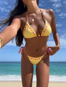 2026 Neues Damen Blumen Bikini Set, Zweiteilige Badebekleidung, Blassgelbes Dreieck Top mit Perlenakzent, Seitlich gebundene Hose, Süße Sommer Strandbekleidung Urlaub - Hellgelb - Übersicht 9