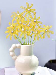 1PC Bright Yellow Beaded Artificial Flower With Rhinestones, Fashionable Faux Flower Branch, Holiday Bouquet Gift, Creative Handheld Bouquet, Suitable For Wedding Event Decor, Home Decoration, Vase Filler - Yellow - View 4