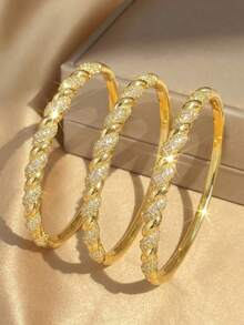 3Pcs Sparkling Cubic Zirconia Twisted Rope Bangle Set For Women, Gold Plated Stackable Open Cuff, Shiny Alternating Design Party Daily Jewelry - Golden Yellow I - View 4
