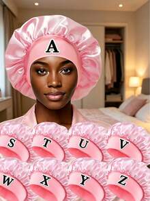 Silky Black Customized Initial Satin Sleep Cap, Elastic Wide Brim Hair Protection Cap, Soft Smooth Night Cap, Reduces Curly Hair Breakage - Black Letters - View 11