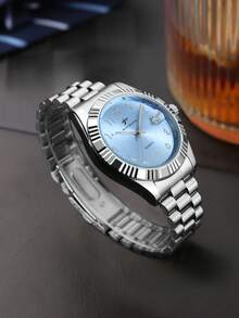 RICECGO Men's Stainless Steel Band Quartz Watch, Minimalist Business Style, Perfect Gift For Any Occasion - Silver - View 6