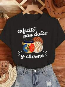 Tops For Women Teen Girl Tops Women's T-Shirts Graphic T-Shirt Ladies Women Short Sleeve Round Neck Casual Comfortable Cool Lightweight Modern Youthful Regular Fit Print Coffee Bun Chi - 黑色 - 查看 1