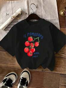 Tops For Women Cotton T Shirt Men Teen Girl Tops 1 Piece Casual Fashion For Men And Women With Tomato Print, New Summer For Women, Short Sleeve, Casual Print, Elegant - 黑色 - 查看 1