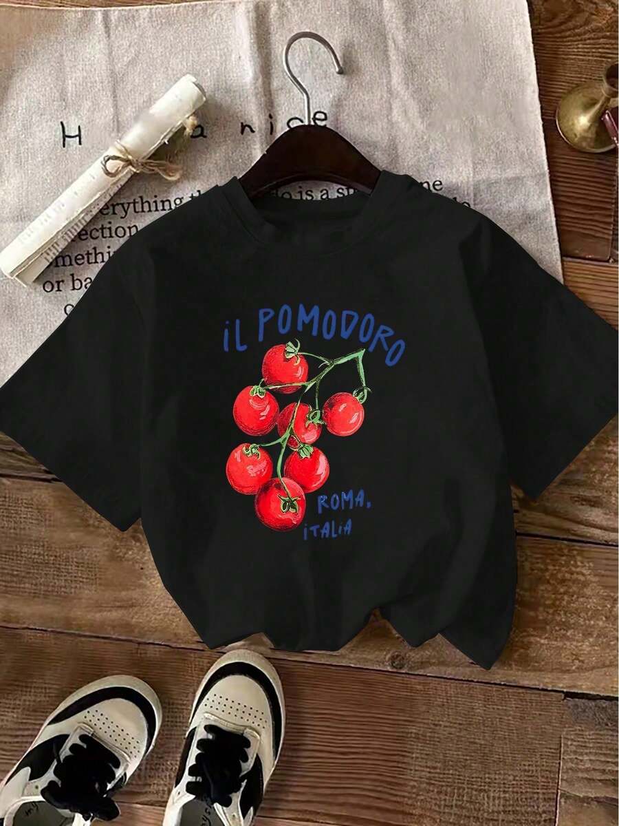 Tops For Women Cotton T Shirt Men Teen Girl Tops 1 Piece Casual Fashion For Men And Women With Tomato Print, New Summer For Women, Short Sleeve, Casual Print, Elegant - 黑色 - 查看 1