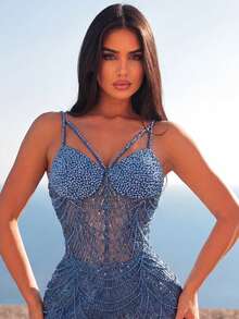 Faeriesty Delicate Fish Scale Beaded Spaghetti Strap Party Dress, Perfect For Wedding Guests, Formal Dinners, Graduation Proms And New Year's Eve Outfits - Dusty Blue - View 4