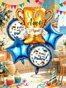 7pcs Spanish Father's Day Theme Balloon Set, Includes Gold Trophy, Round Printed Balloons, And Blue Star Foil Balloons. Suitable For Father's Day Celebration Party, Family Gathering Decor, Theme Holiday Decoration, Living Room Ambiance, Restaurant Table Setting, Surprise Party, Theme Party, Patio, Balcony Decor, Party Backdrop, Dessert Table Decor - Father's Day Balloon Decoration Set - View 1