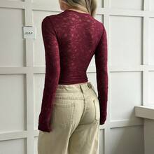 Elegant Solid Color Lace Asymmetric Top For Women - Burgundy - View 2