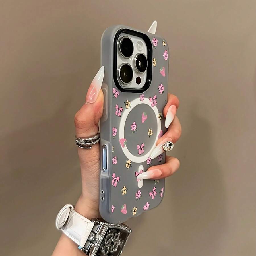 Phone Case: Multiple Colors Available! Sweet Bowknot Floral Print, Light Luxury Candy-colored Skin-feel Jelly Magnetic Wireless Charging Phone Case. Stylish, Lightweight, High-quality, Non-slip, Fashionable Protection. Simple Design - Negro - Ver 1