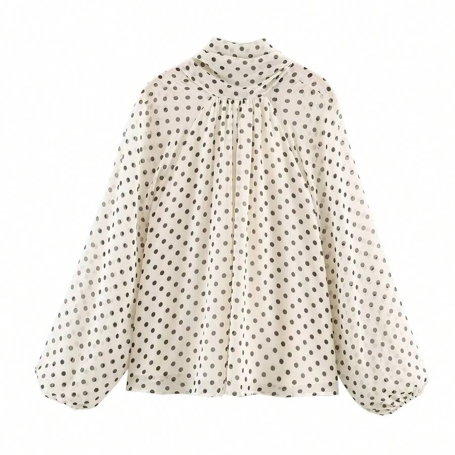 Women's Long-Sleeved Shirt With High Neck And Moon Print, Simple Casual Blouse, Fashionable Blouse For Working Women. - 乳白色 - 查看 1