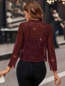 Women's Glitter Sequin Cardigan Jacket, Pleated Fabric With Gold Foil, 3/4 Sleeves, Business Casual For Women - 酒紅色 - 查看 2