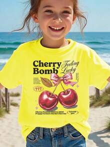 Camiseta de manga corta para chicas, estilo veraniego, con estampado de la frase "Cherry Bomb", lazo y diseño de dibujos animados de cerezas, top casual y versátil NY-DX9386 - Burdeos - Ver 10