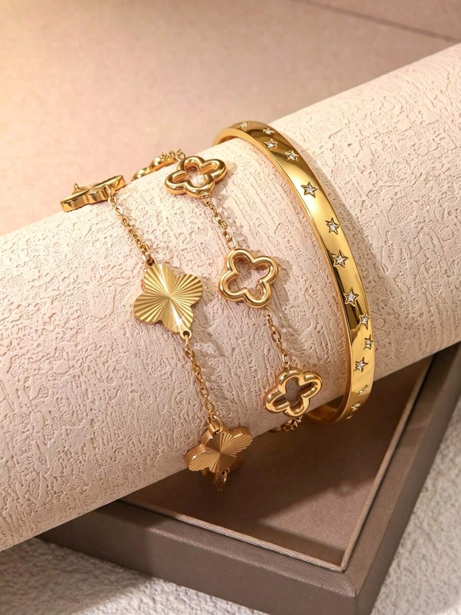 VceTd 1 Set Fashionable Clover Stainless Steel Jewelry Set Suitable For Women's Fashion Commute Or Daily Wear