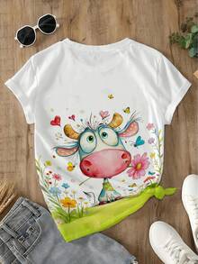 Una camiseta de manga corta para mujer con cuello redondo y estampado, ropa de verano para mujer, estampado digital, estampado integral, con divertidos diseños de vaca de dibujos animados y - Blanco - Ver 2