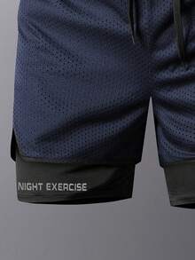Letter Printed Athletic Shorts For Men, 1pc Quick-Dry 3-Inch Shorts With Inner Lining, Elastic Casual Sports Running Pants Summer - Blue - View 3